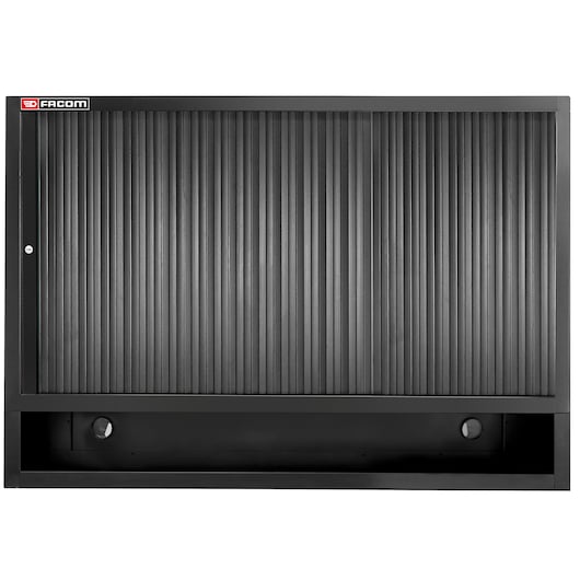Facom JLS3-MHDRBS black metal wall cabinet with vertical ribbed rolling door, front view on white background.
