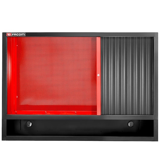 Facom JLS3-MHDR wall cabinet with red perforated metal sliding door and black grooved panel, front view.