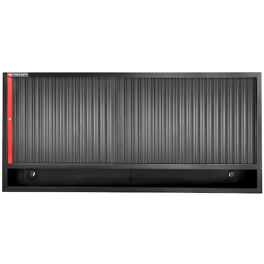 Facom JLS3-MHTR wall-mounted tool cabinet with black ribbed sliding doors, red accent, front angle.