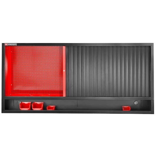 Facom JLS3-MHTR wall storage unit with red perforated door and black bins, front angle.