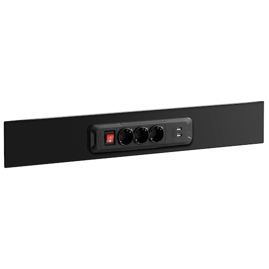 Facom JLS3-POWERBLOCK black power strip with three sockets, USB ports, and switch, front angle.