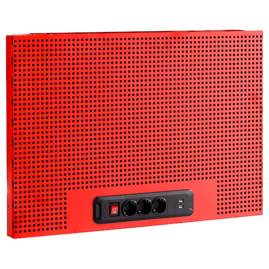 Facom JLS3-PPAV1USB red perforated wall panel with power strip and USB ports, front angle.
