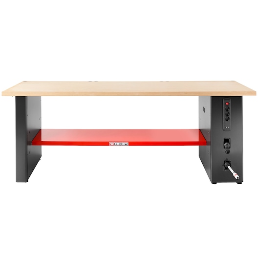Facom JLS3-PSBPOWER workbench with wood top, black metal legs, red shelf, power controls, front view on white.