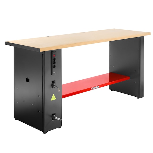 Photo of Facom JLS3-PSHPOWER workbench with wood top, black metal legs, and red shelf, front angle, on white background.