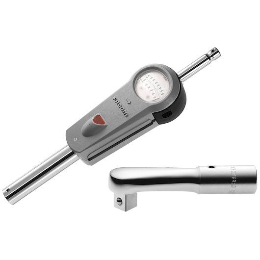 Facom K_200B torque wrench and accessory in silver and grey, side angle on white background.