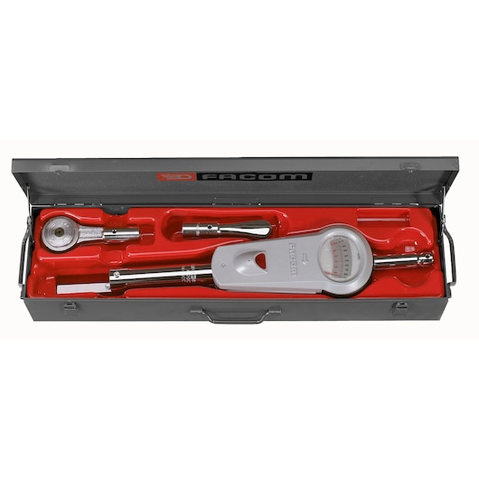 Facom torque wrench set K_201B in metal case with red molded interior, top view, showing all parts arranged.