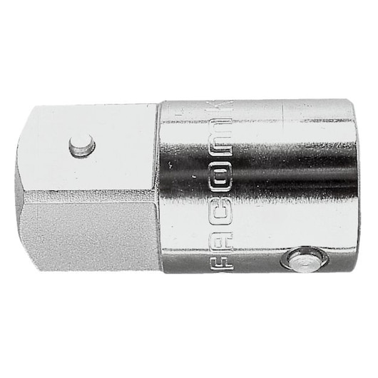 Photo of Facom K_232A chrome socket adapter, side angle, with embossed Facom branding, on white background.