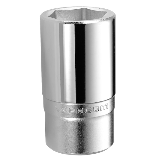 Photo of Facom K_30LA chrome socket, close-up on white background, showing engraved Facom branding.
