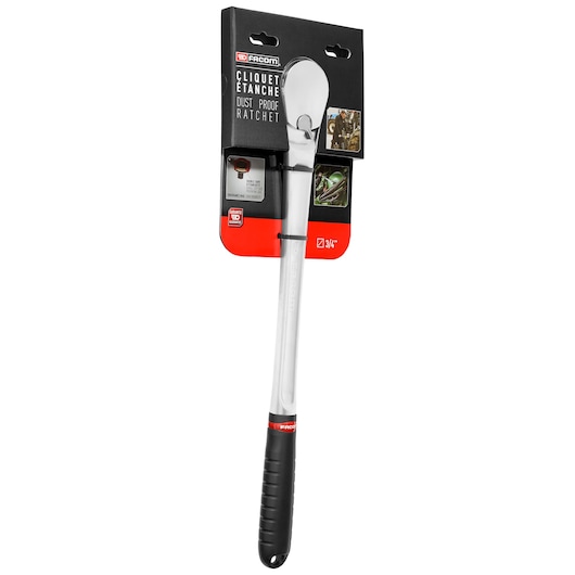 Photo of Facom KL_161PB dust proof ratchet with black and silver handle, retail packaging, front angle.