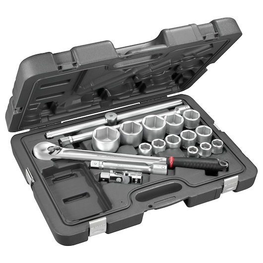 Facom KL.500PB socket wrench set with ratchet, sockets and accessories in black hard case, angled view.