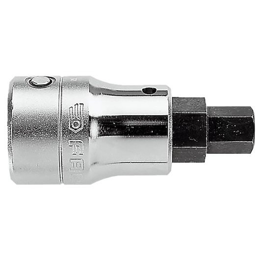 Facom KT_17A hex socket adapter, chrome finish, photography, side angle on white background.