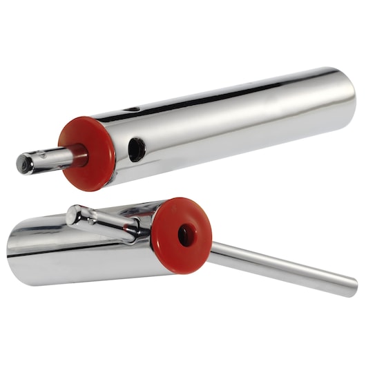 Facom L_16AM spark plug socket with chrome finish, red plastic end, shown at two angles on white background.