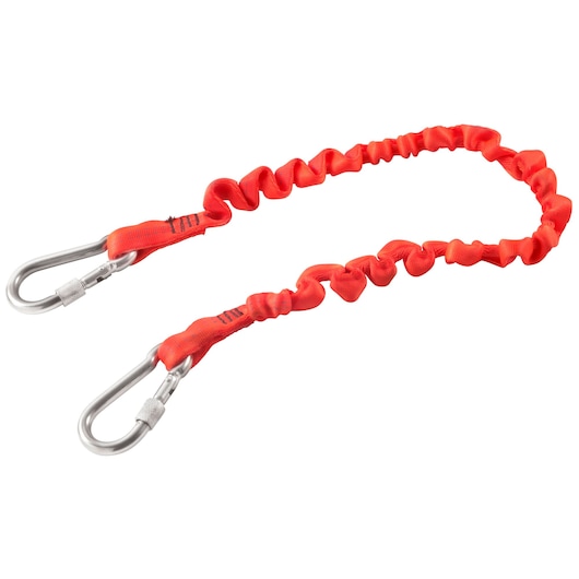Facom LAN1_2 red elastic safety lanyard with metal carabiners, product photography, top angle.