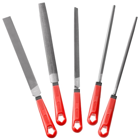 Facom LIM250EMJ5 file set with five metal files, red handles, assorted shapes, front angle on white background.