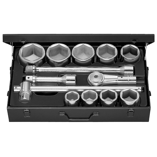 Facom M_423E socket set in black case, includes various sockets, ratchet and extensions, top view.