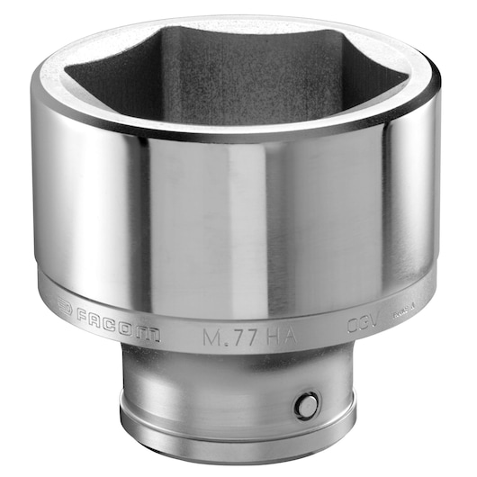 Facom M_85HA chrome socket, side angle, metallic finish with square drive opening.