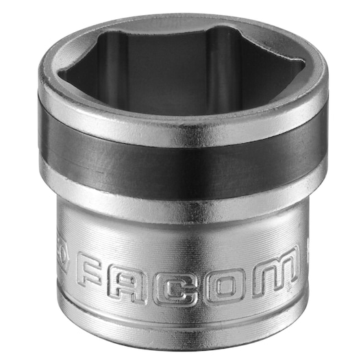 Facom MB_18 chrome socket photography, front angle showing engraved branding and black accent band.