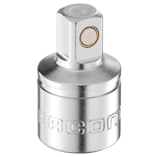 Photo of Facom MB_S10 chrome socket adapter with embossed branding, front angle on white background.