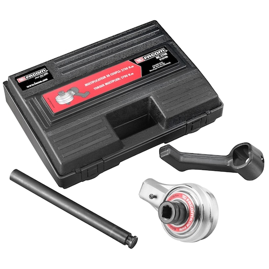 Facom torque multiplier set MC_130B with black case, handle, extension bar, and multiplier unit, front angle.
