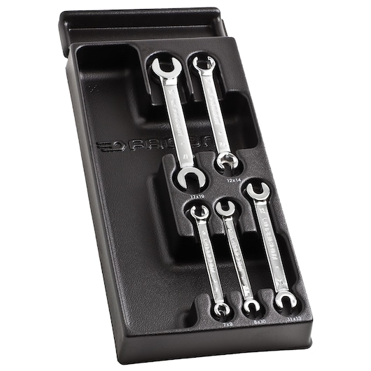 Facom MOD_43 combination wrench set in black tray, five chrome wrenches neatly arranged, angled top view.