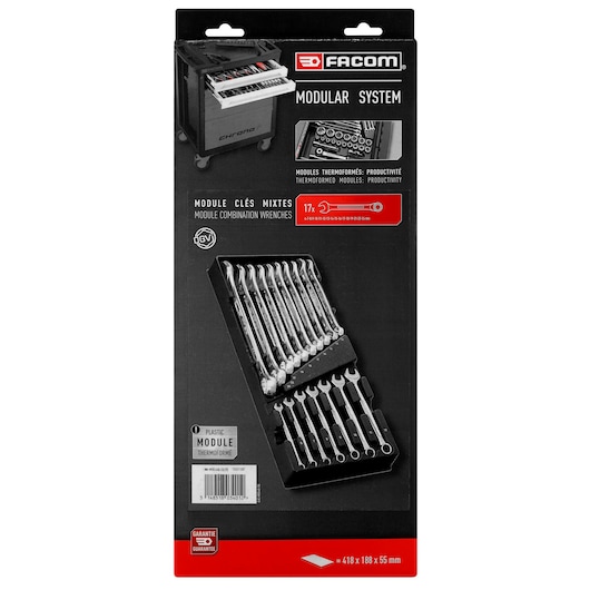 Facom MOD.440-1XLPB module combination wrenches set in thermoplastic tray, packaging with set of 17 wrenches, front angle.