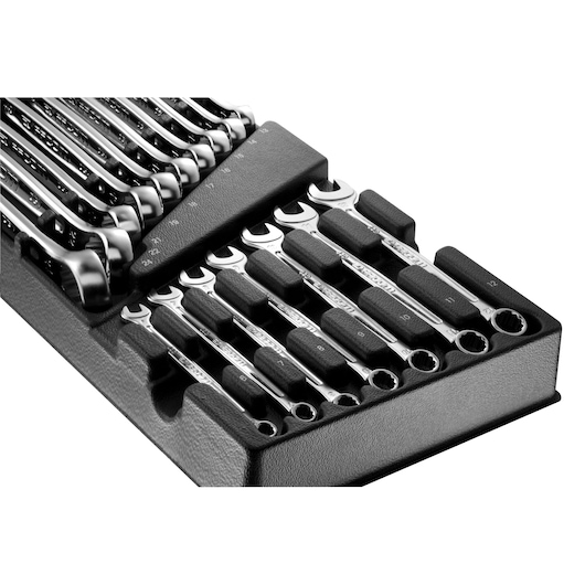 Facom MOD_440-1XL combination wrench set in black foam tray, top angle, assorted metric sizes visible.