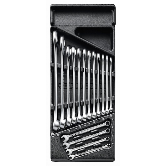 Facom MOD440-1 wrench set in black tray, top-down angle, includes multiple chrome wrenches in various sizes.