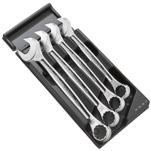 Facom MOD.440-2PB set of four chrome combination wrenches in black tray, product photo, angled view.