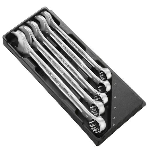 Facom MOD.440-2XLPB photography showing six silver combination wrenches in a black tray, angled view.