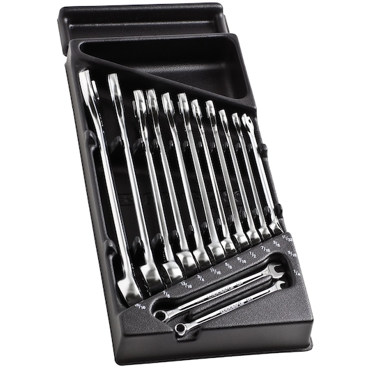 Facom MOD.440-4PB wrench set with 12 chrome combination wrenches in a black plastic tray, angled top view.