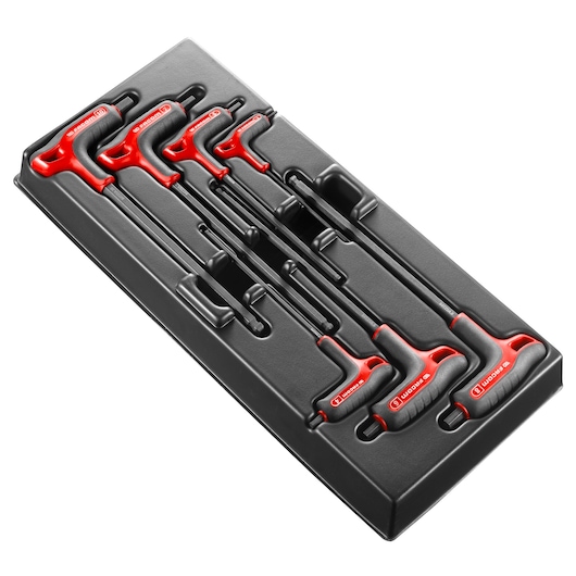 Facom MOD84TZSA set of red and black T-handle hex keys in a black tray, top angle on white background.