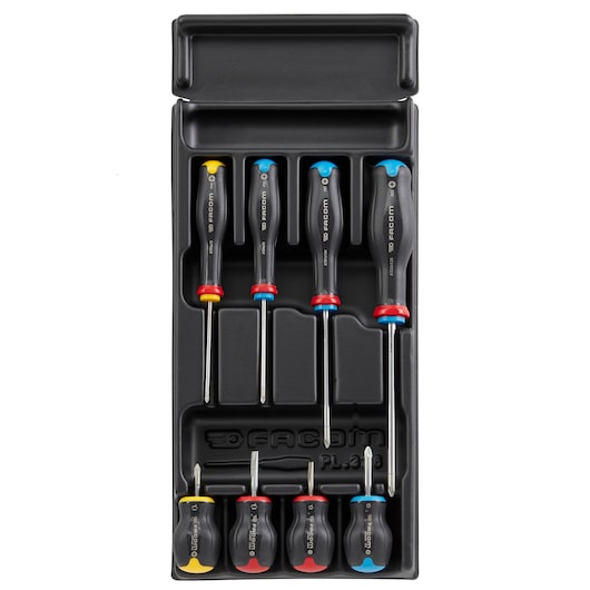 Facom MOD_AT3 screwdriver set tray, black handles with colored rings, top-down angle.