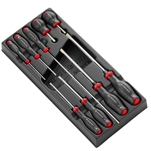 Facom MOD_AT4PB screwdriver set tray with eight black and red screwdrivers, top angle, white background.