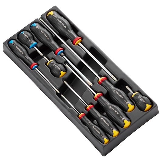 Facom MOD_AT5 screwdriver set in black tray, assorted types and sizes, angled on white background.