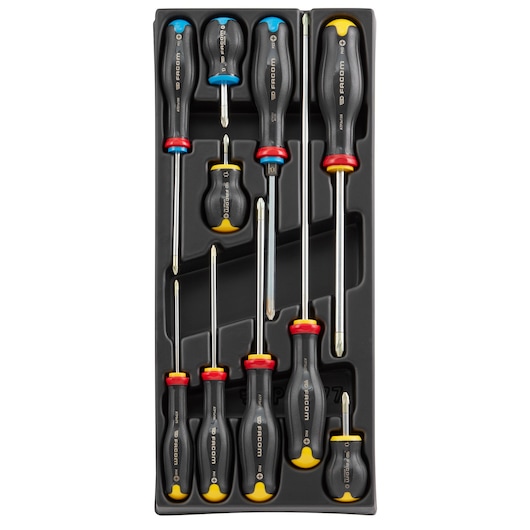 Facom MOD_AT5 screwdriver set with assorted sizes in black tray, photo from top view.