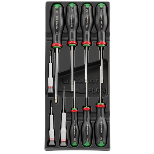 A tray containing a set of ten screwdrivers with various sizes and handle designs, organized neatly in a black plastic holder. The screwdrivers appear to be from the Facom brand, with a combination of black and red or black and green handles.