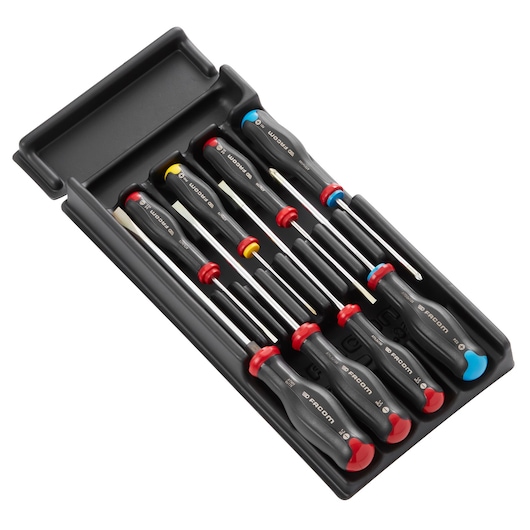 Facom MOD_AT7PB screwdriver set in black tray, assorted colors and types, product top angle.