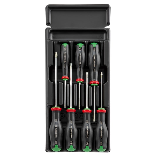 Facom MOD_ATXR screwdriver set in black tray, nine screwdrivers with black handles, red and green accents, top view.