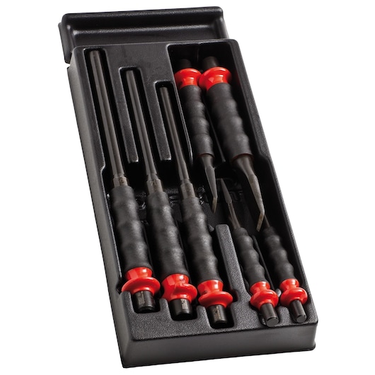 Facom MOD_CG1 precision screwdriver set in black tray, photo of six tools with black and red handles, top angle