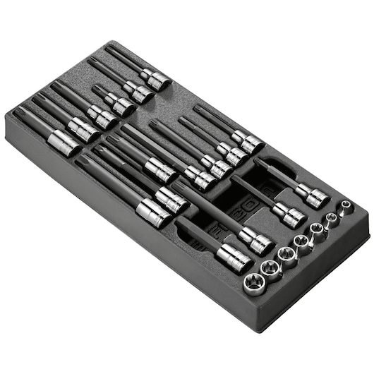 Facom MODCH socket bit set in black foam tray, top angle, featuring multiple bits and sockets arranged neatly.