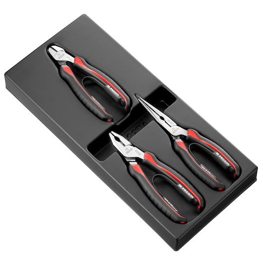 Facom MOD_CPEA0 pliers set with three black and red pliers in a black tray, product photography, angled view.
