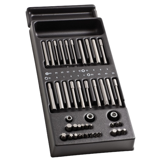 Facom MOD_E41 screwdriver bit set with multiple bits and adapters, organized in a black tray, top view.
