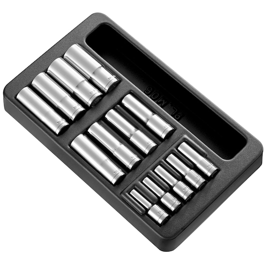 Facom MOD.HLBPB socket set with multiple chrome sockets in a black tray, top angle on white background.