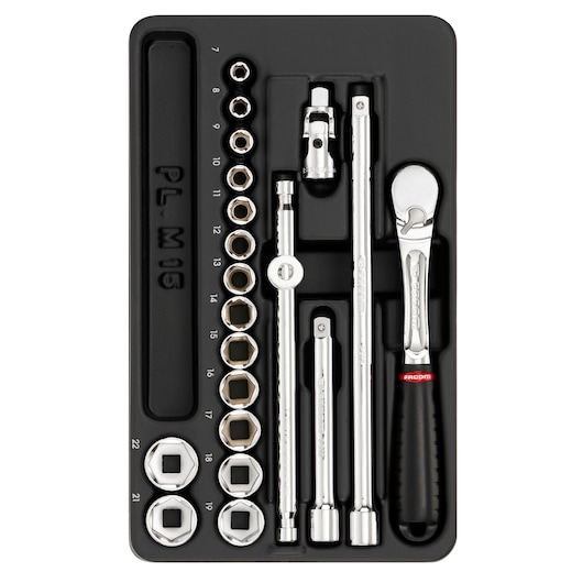 Facom MOD_JL161-36 socket wrench set with ratchet, extensions, and sockets, top view, in black tray.
