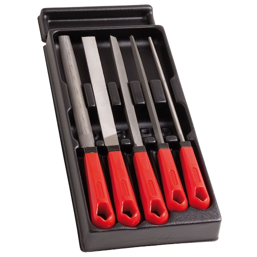 Facom MOD_LIM file set with red handles in black tray, top angle, photography product.