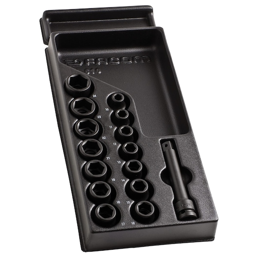 Facom MOD_NS1 socket set with 12 sockets and extension bar in black plastic tray, photographed at an angle, SKU MOD_NS1.