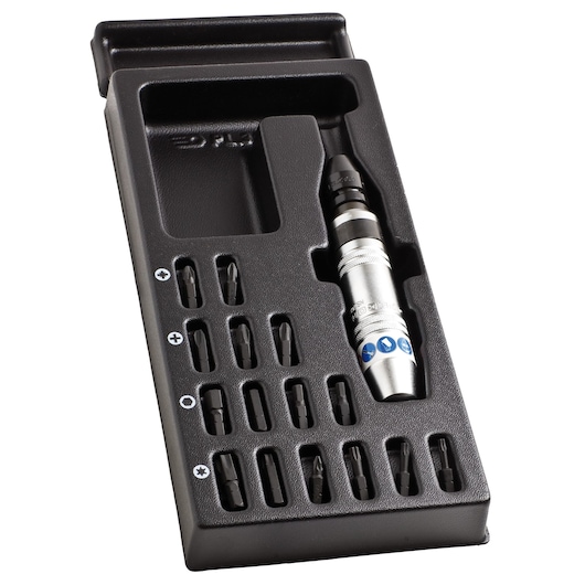Facom MOD_NS260 screwdriver and bit set in black tray, photographed at an angle with white background.
