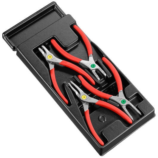 Facom MODPC set of three snap ring pliers with red handles in black tray, product photography, angled view.