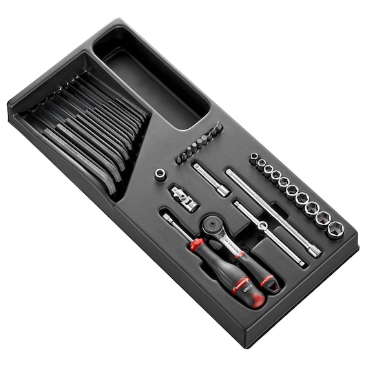 Facom MOD.R161-26PB tool tray with sockets, ratchet, screwdrivers and hex keys, angled view on white.