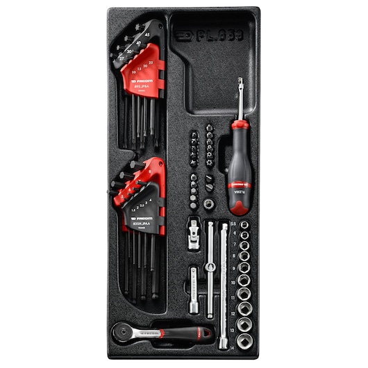 Facom MOD_R161-46 socket and hex key set with ratchet, screwdriver, bits, and accessories in black tray, top view.